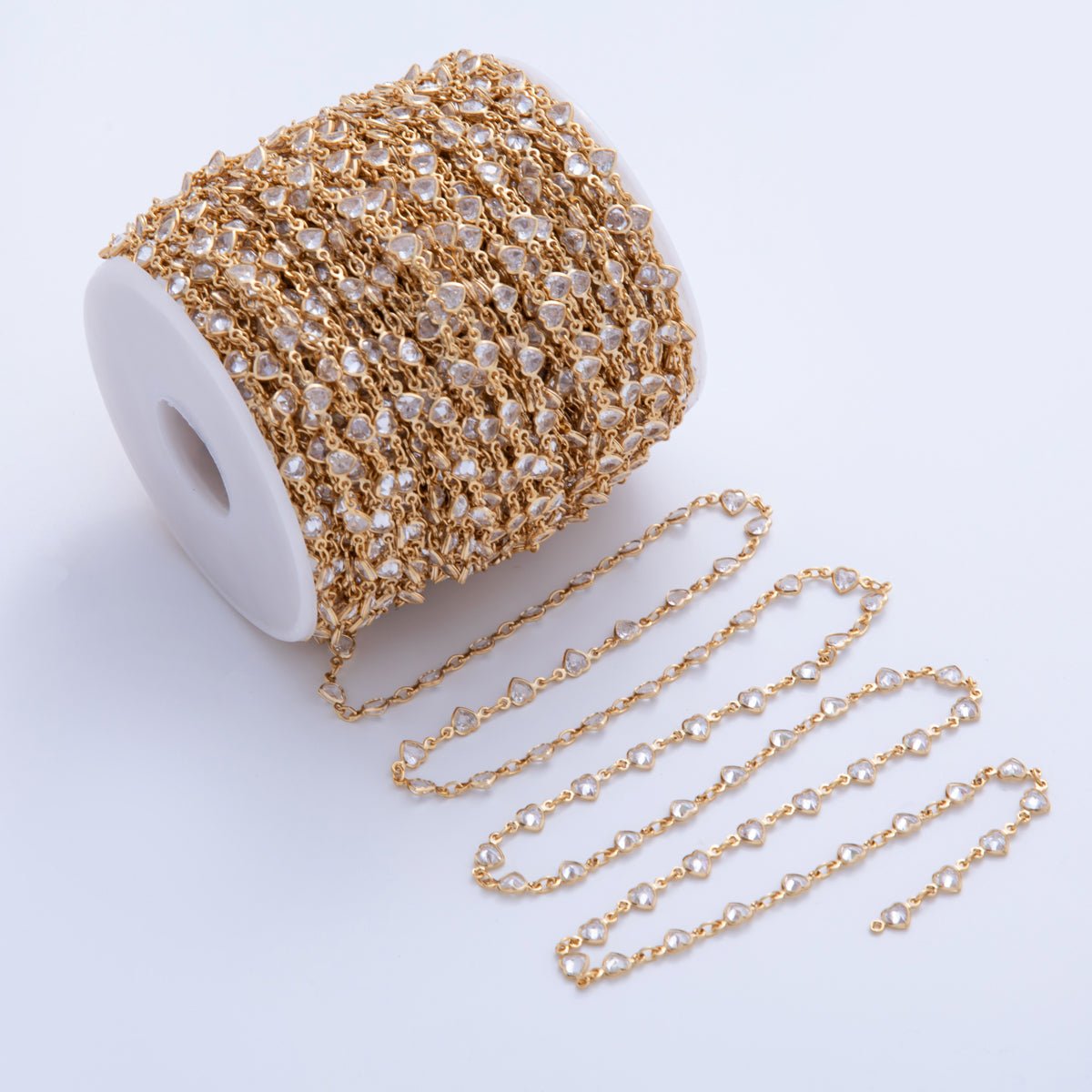 16K Gold Filled 4mm Clear CZ Multifaceted Heart Unfinished Chain by Yard | Roll - 1586 - DLUXCA