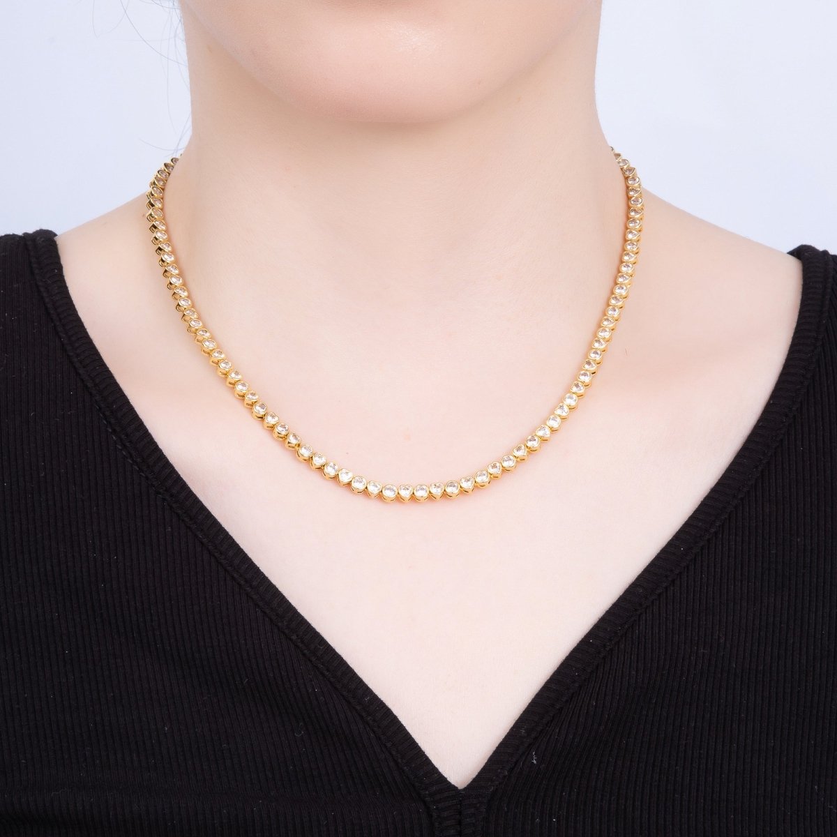 16K Gold Filled 4mm Clear CZ Round Heart Tennis Chain 16 Inch Adjustable Necklace | WA - 04244 - DLUXCA