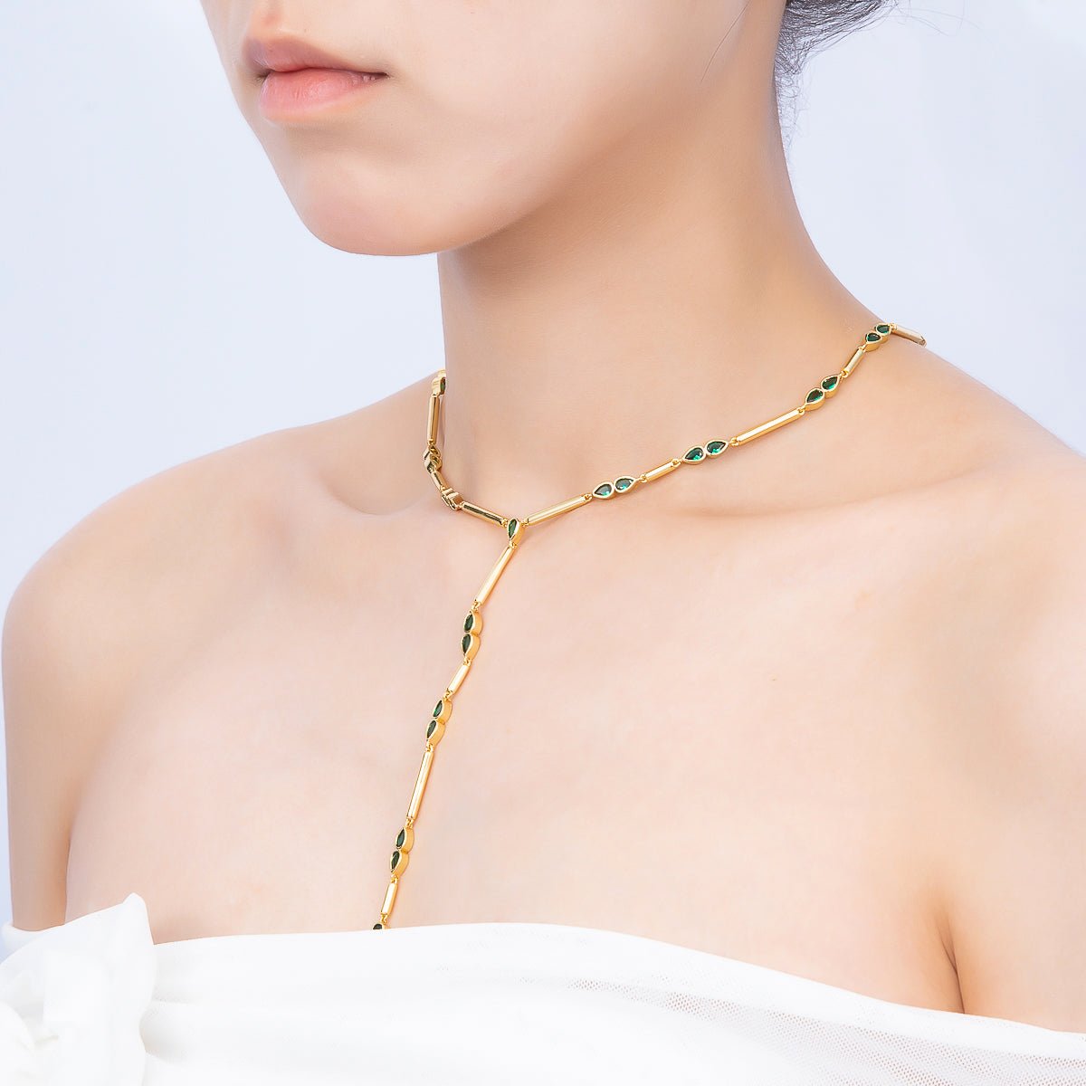 16K Gold Filled 4mm Clear, Green, Fuchsia CZ Teardrop Bar Lariat 17.5 Inch Necklace | WA-00146 WA-00153 WA-00185 - DLUXCA