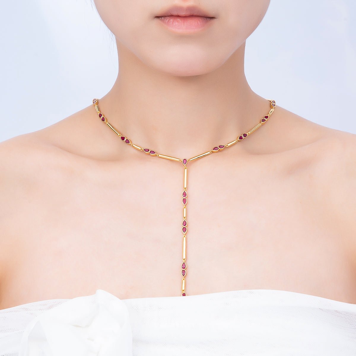 16K Gold Filled 4mm Clear, Green, Fuchsia CZ Teardrop Bar Lariat 17.5 Inch Necklace | WA-00146 WA-00153 WA-00185 - DLUXCA