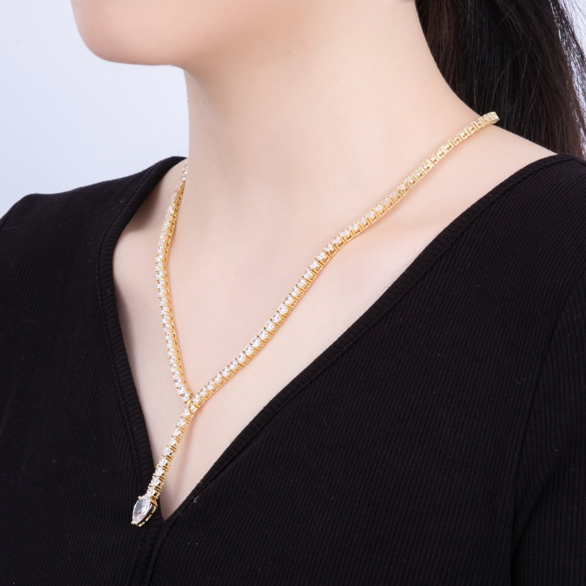 16K Gold Filled 4mm Clear Teardrop CZ Tennis Chain 22.2 Inch Lariat Necklace | WA - 04049 - DLUXCA