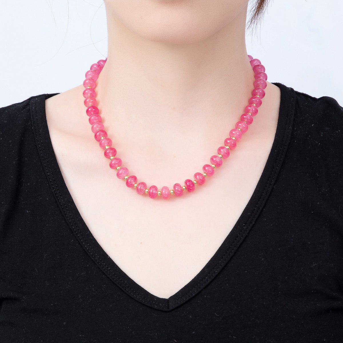16K Gold Filled 4mm Pink Agate Bead Rondelle Gemstone Chain 18 Inch Necklace w. Dual Closure | WA-01740 - DLUXCA