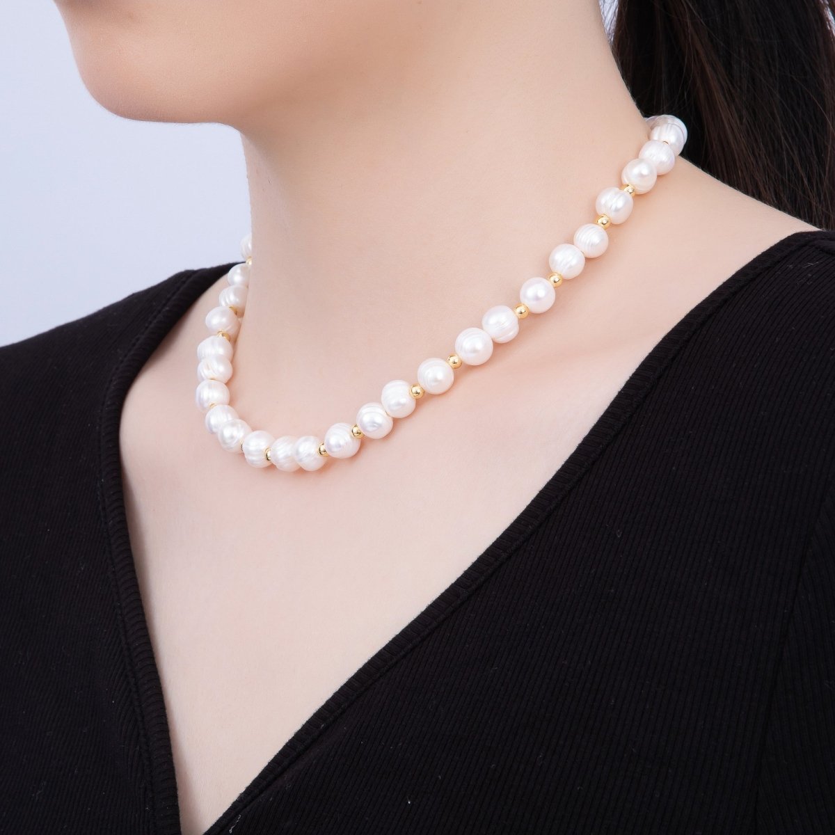 16K Gold Filled 4mm Ribbed Round Freshwater Pearl Bead 17 Inch Necklace | WA - 04301 - DLUXCA