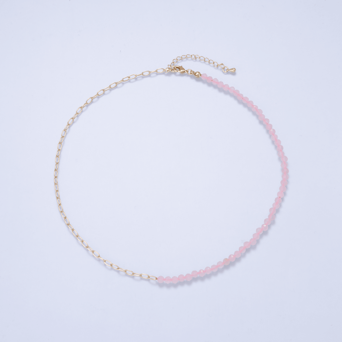 16K Gold Filled 4mm Rose Quartz Paperclip Gemstone Chain 16.5 Inch Necklace | WA-02936 - DLUXCA