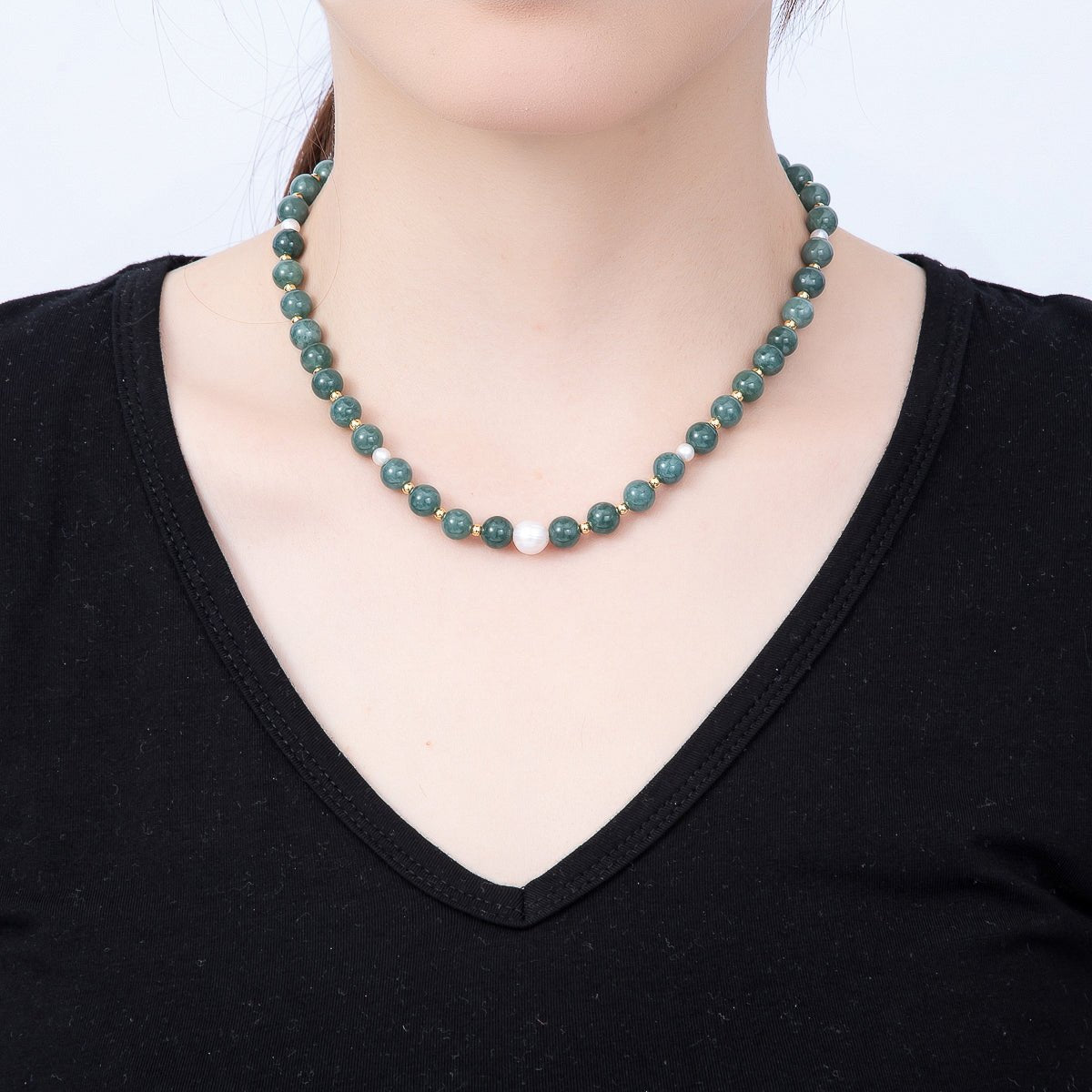 16K Gold Filled 4mm Shell Pearl Green Aventurine Bead Round Gemstone Chain 16.5 Inch Necklace | WA-00128 - DLUXCA