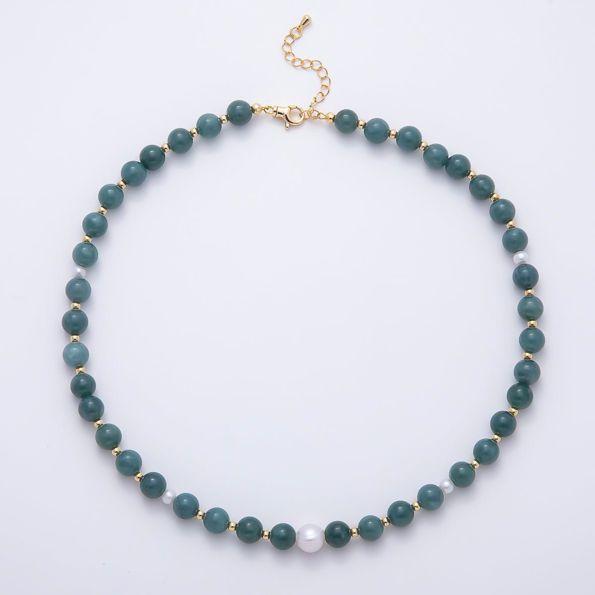 16K Gold Filled 4mm Shell Pearl Green Aventurine Bead Round Gemstone Chain 16.5 Inch Necklace | WA-00128 - DLUXCA