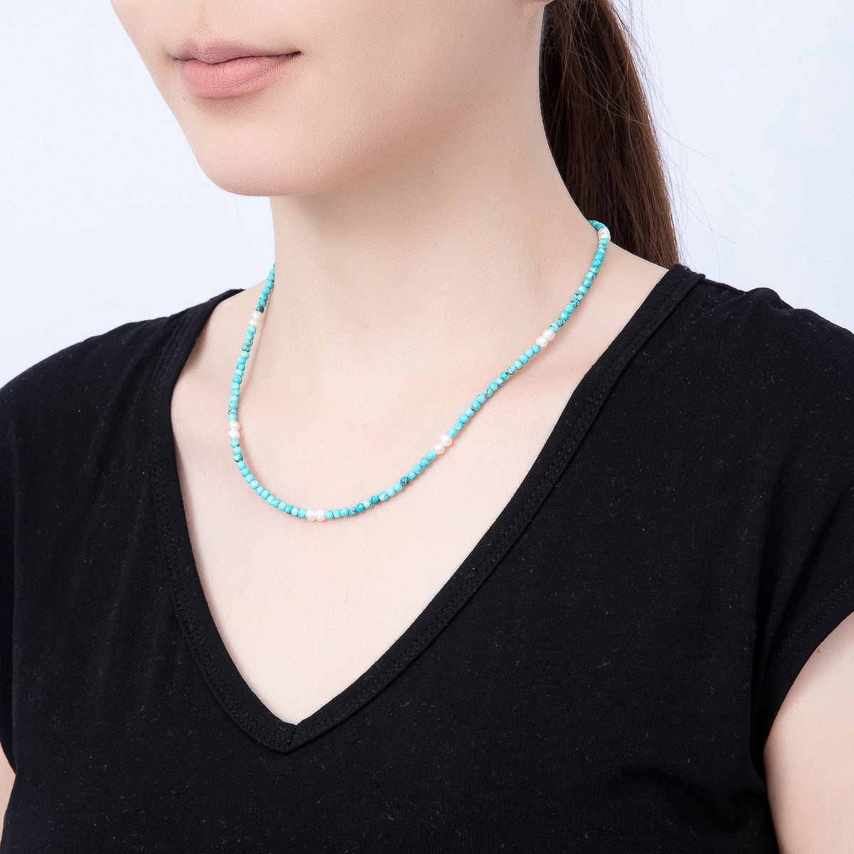 16K Gold Filled 4mm Shell Pearl Turquoise Gemstone Chain 16.5 Inch Necklace w. Extender | WA-00250 WA-00258 - DLUXCA