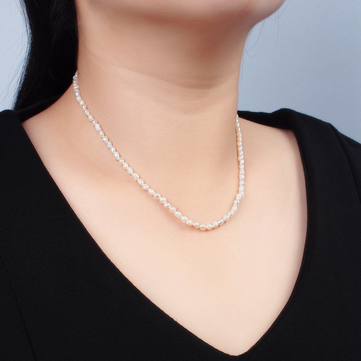 16K Gold Filled 4mm White Baroque Freshwater Pearl 14.5 Inch Necklace w. Extender | WA - 2629 - DLUXCA