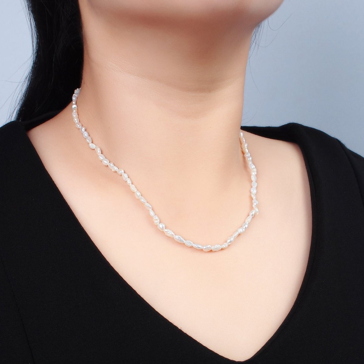 16K Gold Filled 4mm White Biwa Baroque Freshwater Pearl 16 Inch Necklace w. Extender | WA - 2631 - DLUXCA