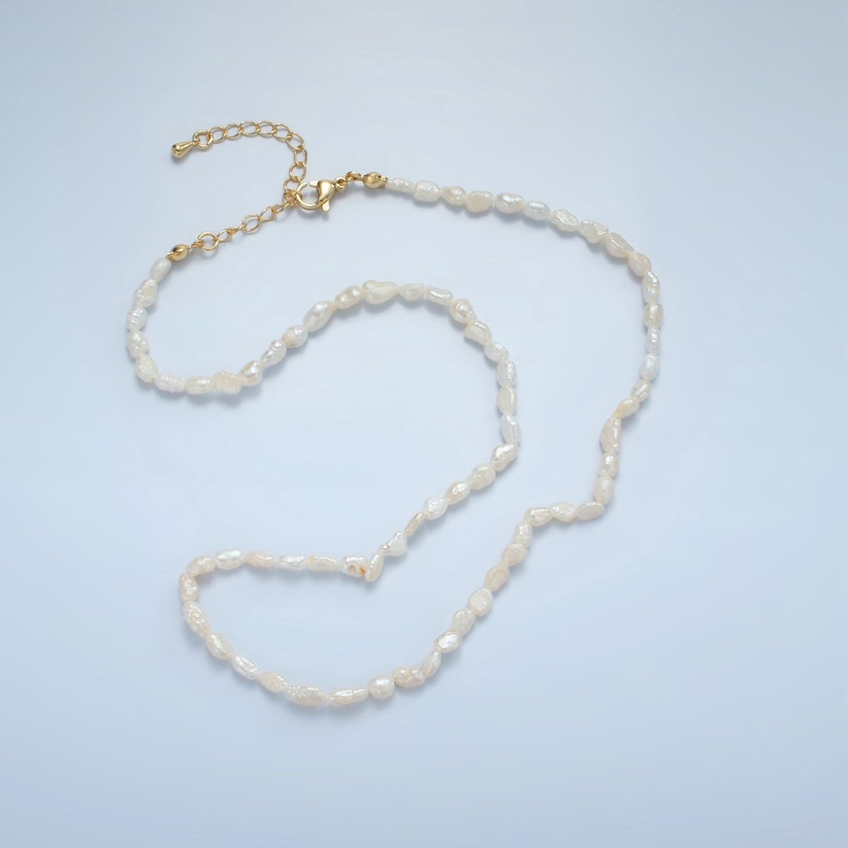 16K Gold Filled 4mm White Biwa Baroque Freshwater Pearl 16 Inch Necklace w. Extender | WA - 2631 - DLUXCA