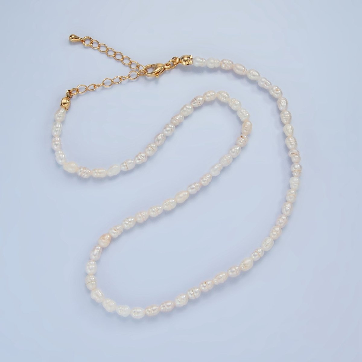 16K Gold Filled 4mm White Ringed Baroque Freshwater Pearl 14.5 Inch Necklace w. Extender | WA - 2633 - DLUXCA