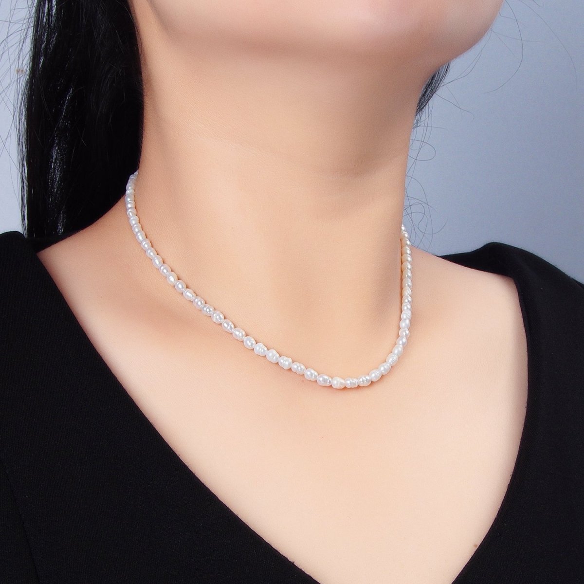 16K Gold Filled 4mm White Ringed Baroque Freshwater Pearl 14.5 Inch Necklace w. Extender | WA - 2633 - DLUXCA