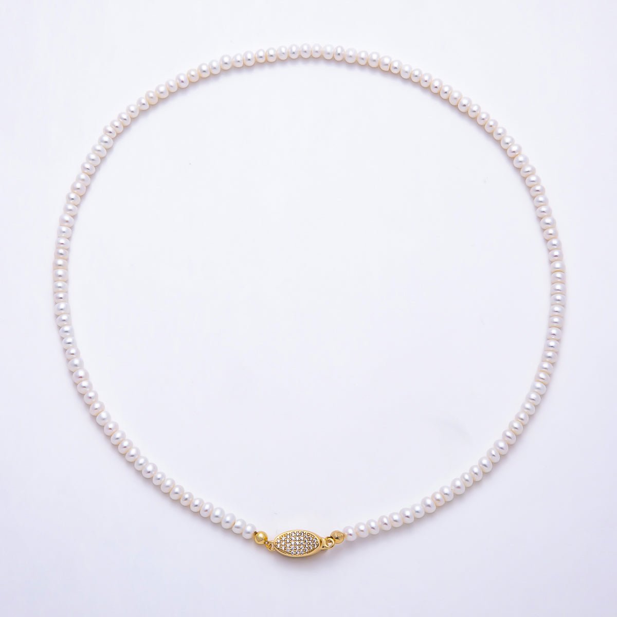 16K Gold Filled 4mm White Rondelle Shell Pearl Gemstone Chain 16 Inch Necklace w. Micro Paved CZ Closure | WA-00175 - DLUXCA