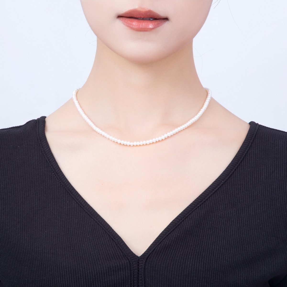 16K Gold Filled 4mm White Rondelle Shell Pearl Gemstone Chain 16 Inch Necklace w. Micro Paved CZ Closure | WA-00175 - DLUXCA