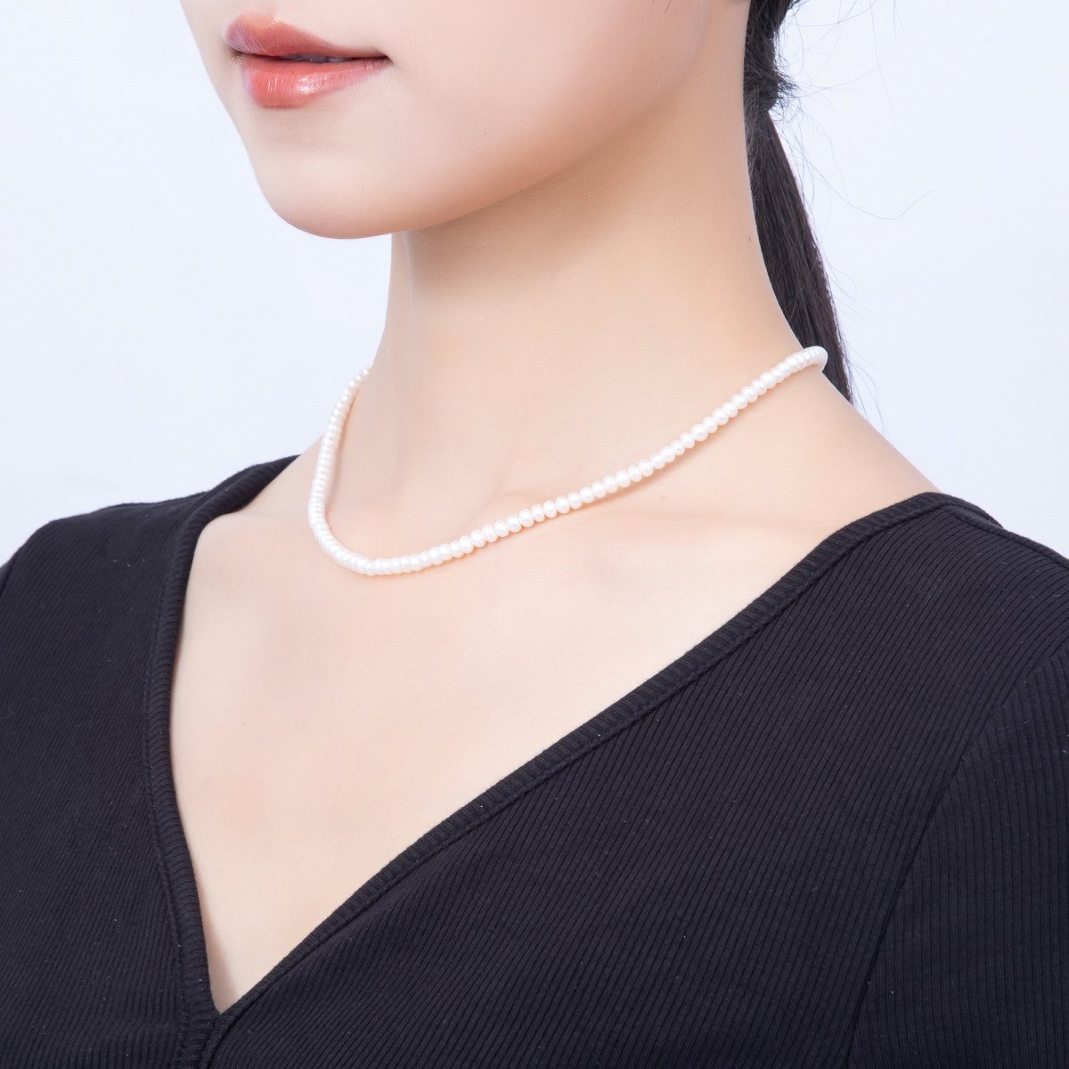 16K Gold Filled 4mm White Rondelle Shell Pearl Gemstone Chain 16 Inch Necklace w. Micro Paved CZ Closure | WA-00175 - DLUXCA