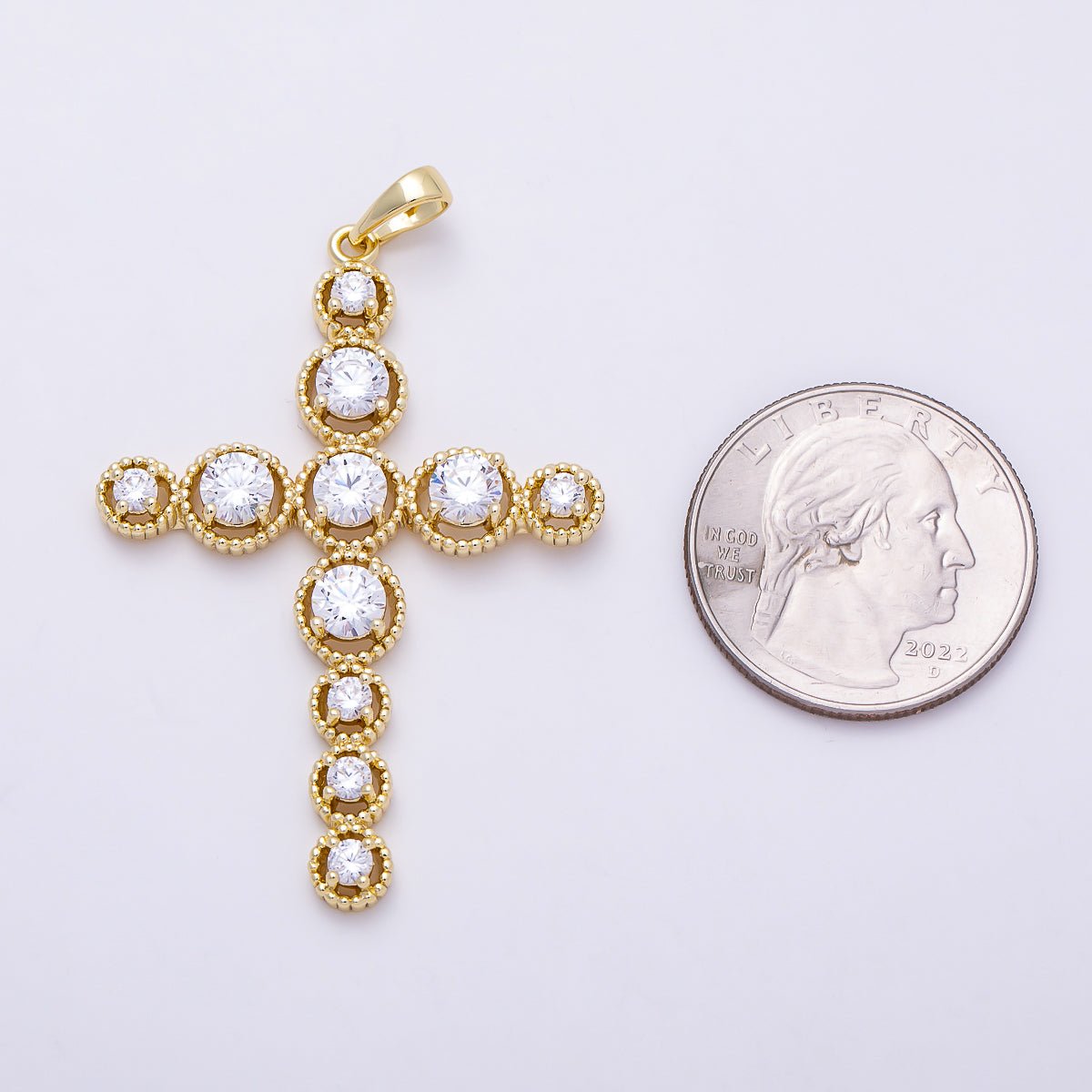16K Gold Filled 50mm Clear CZ Round Religious Cross Pendant | Charms-01401 - DLUXCA