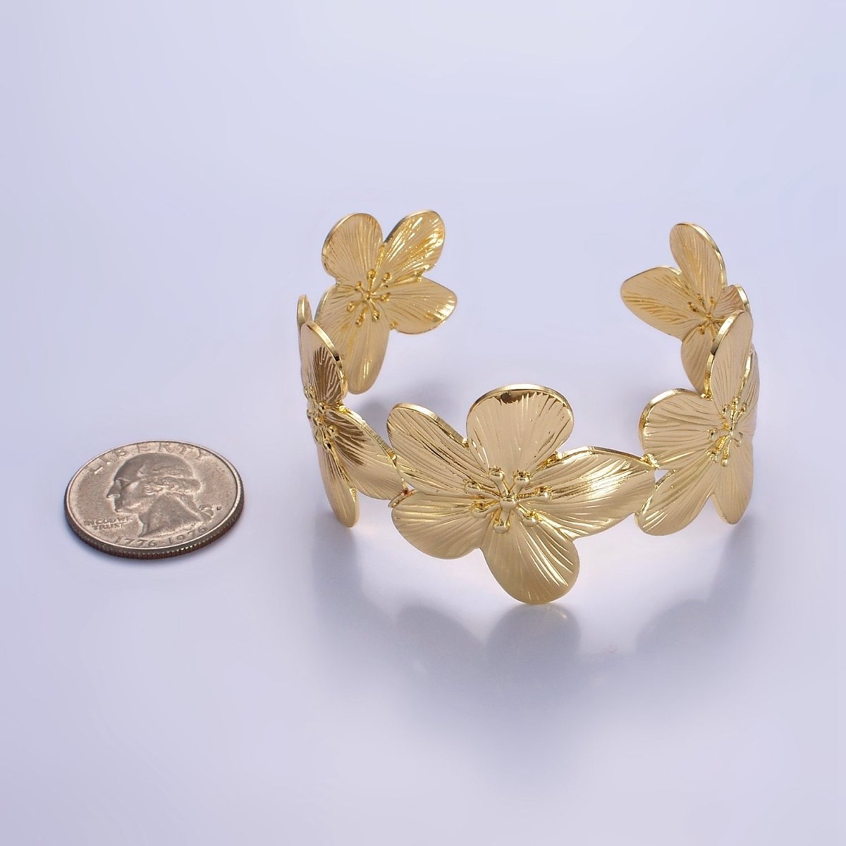 16K Gold Filled 50mm Flower Textured Wide Cuff Bracelet | WA - 2521 - DLUXCA