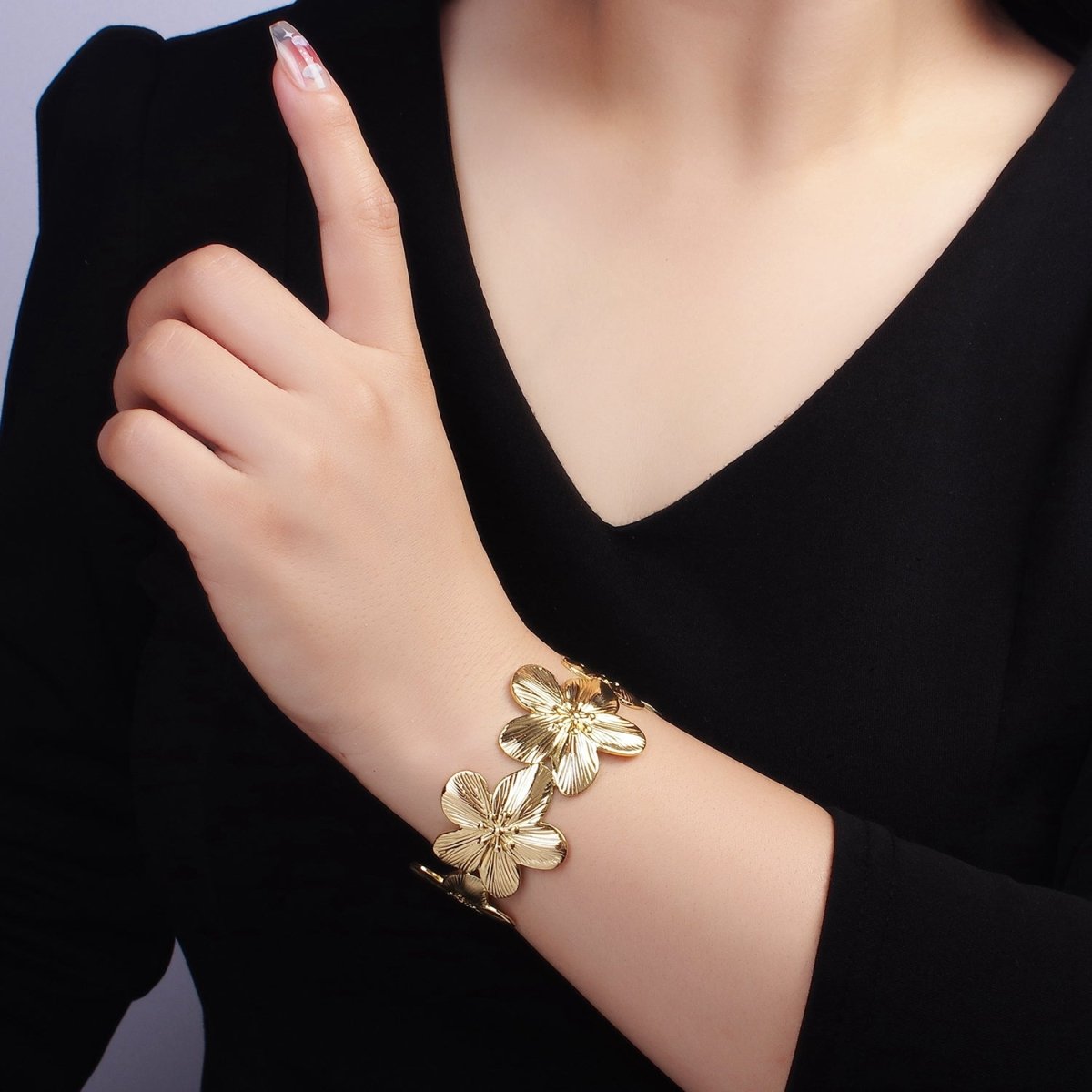 16K Gold Filled 50mm Flower Textured Wide Cuff Bracelet | WA - 2521 - DLUXCA