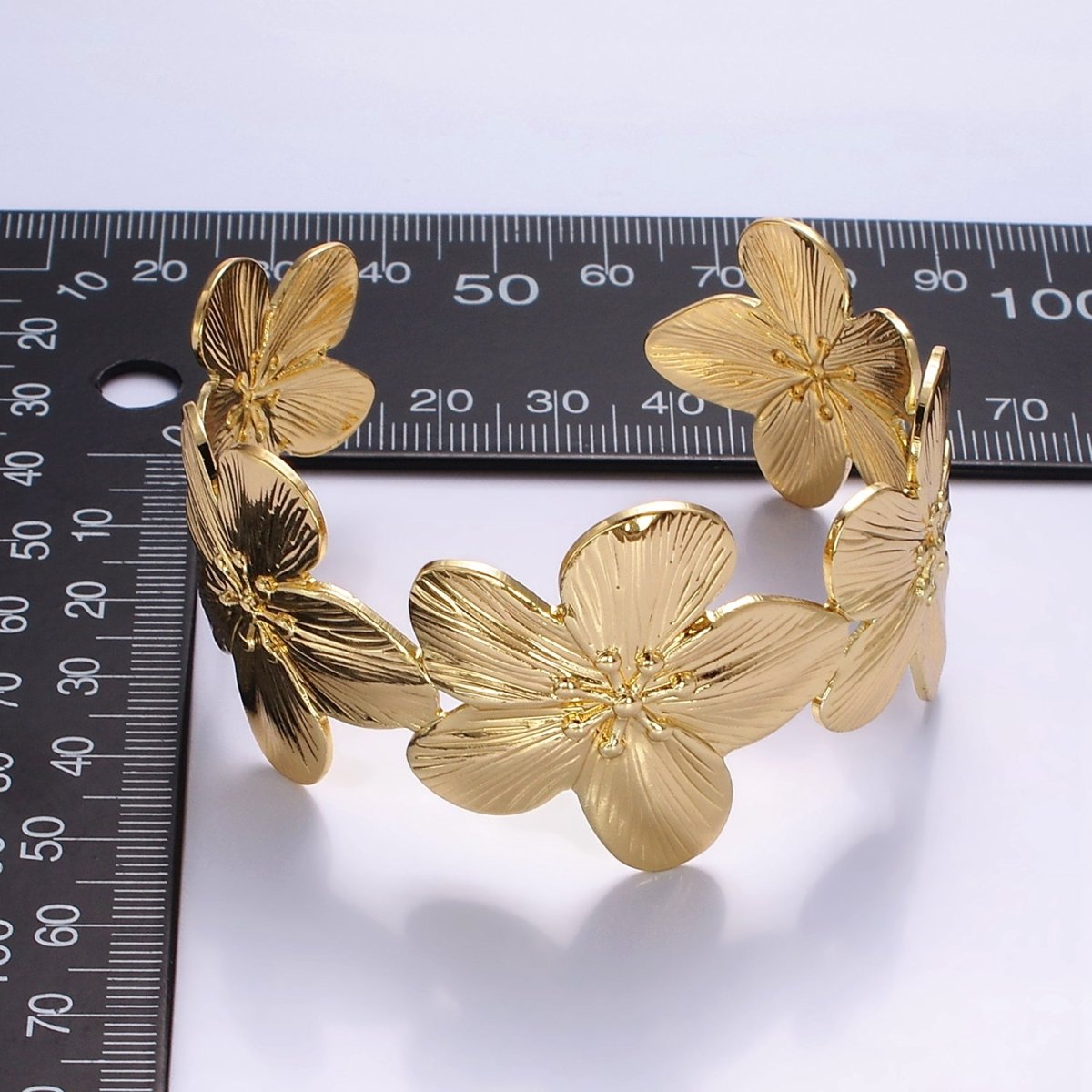 16K Gold Filled 50mm Flower Textured Wide Cuff Bracelet | WA