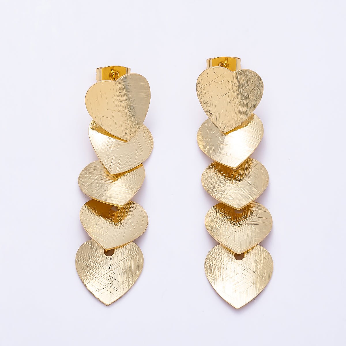16K Gold Filled 50mm Multiple Line-Textured Heart Drop Stud Earrings | Earrings-00725 - DLUXCA