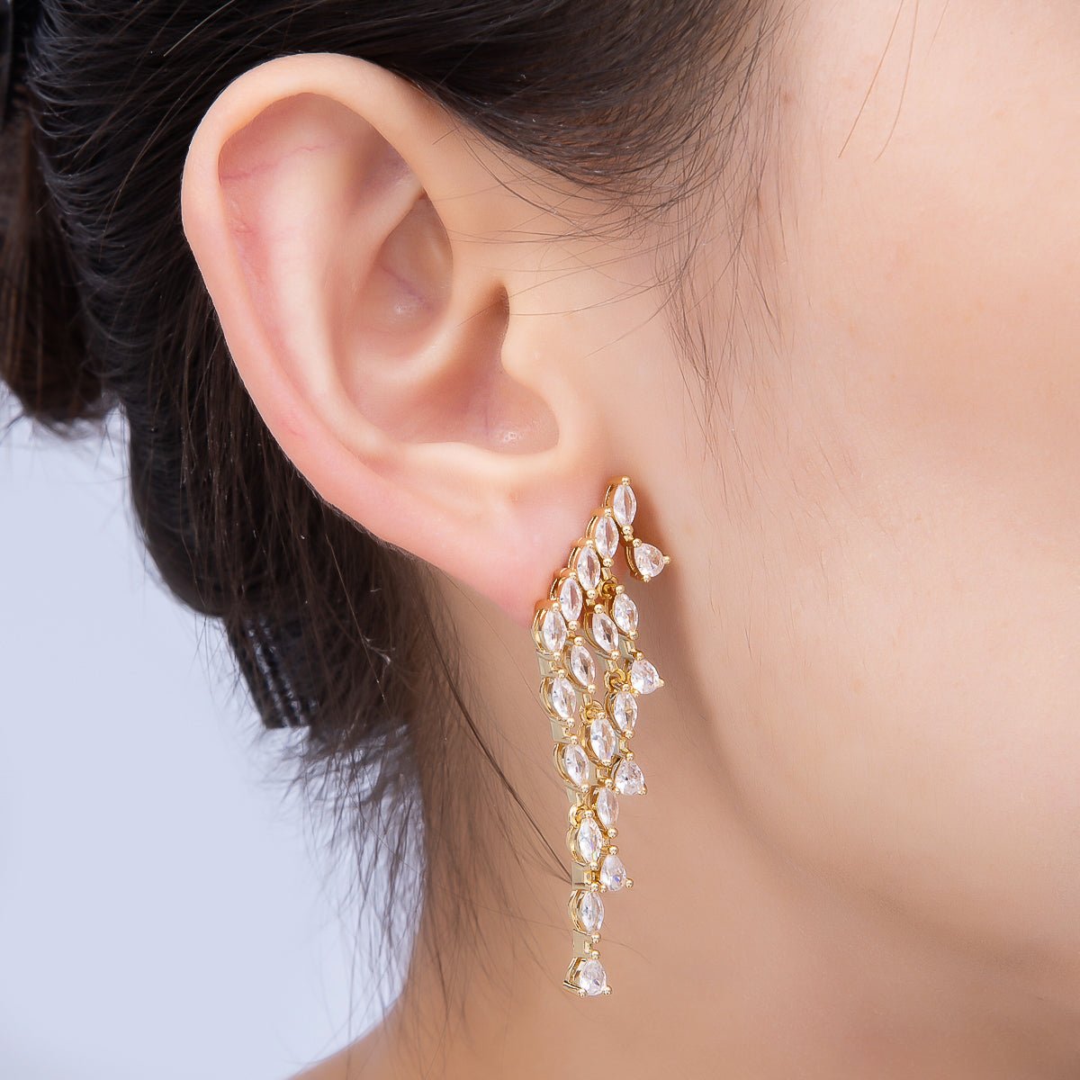 16K Gold Filled 52mm Clear Marquise CZ Cascading Multi Drop Stud Earrings | Earrings-00695 - DLUXCA