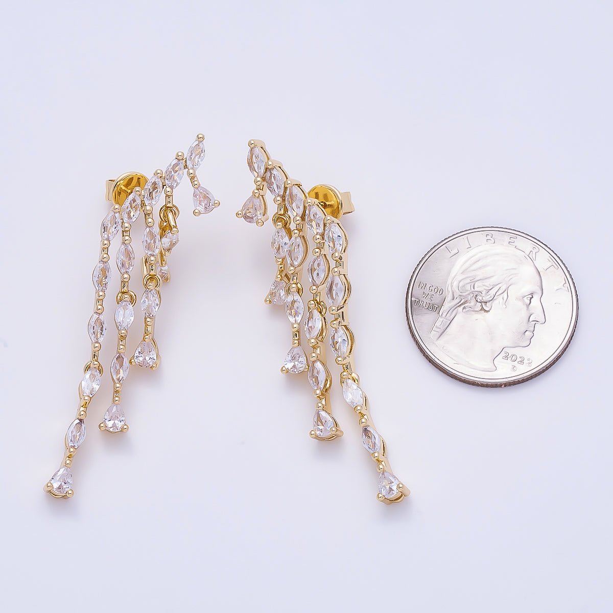 16K Gold Filled 52mm Clear Marquise CZ Cascading Multi Drop Stud Earrings | Earrings-00695 - DLUXCA