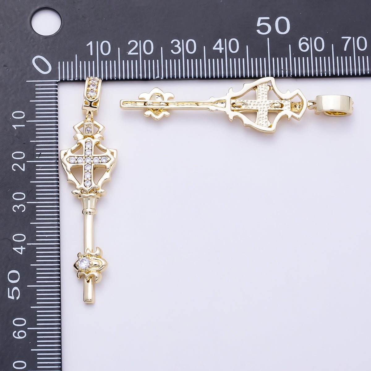 16K Gold Filled 54mm Clear Micro Paved Key Cross Religious Pendant | Charms-01387 - DLUXCA