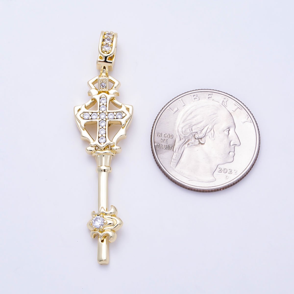16K Gold Filled 54mm Clear Micro Paved Key Cross Religious Pendant | Charms-01387 - DLUXCA