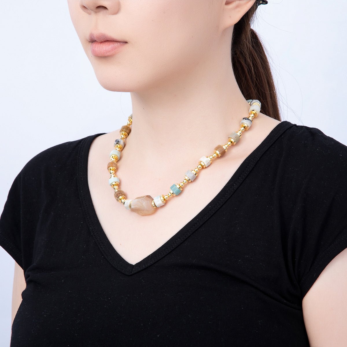 16K Gold Filled 5mm Amazonite Tube Bead Gemstone Chain 17.5 Inch w. Push Gate Extender | WA-00050 - DLUXCA