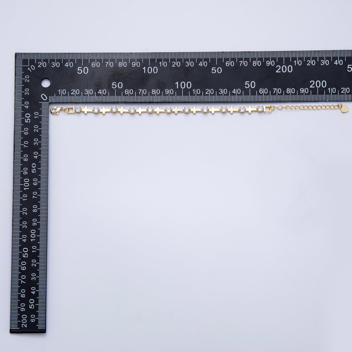 16K Gold Filled 5mm Clear CZ Religious Cross 7 Inch Bracelet w. Extender | WA - 04047 - DLUXCA