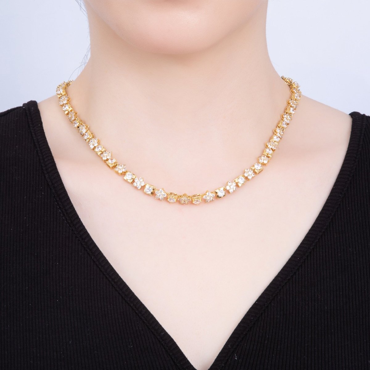 16K Gold Filled 5mm Micro Paved CZ Flower Square Tennis Chain 17 Inch Adjustable Necklace | WA - 04246 - DLUXCA