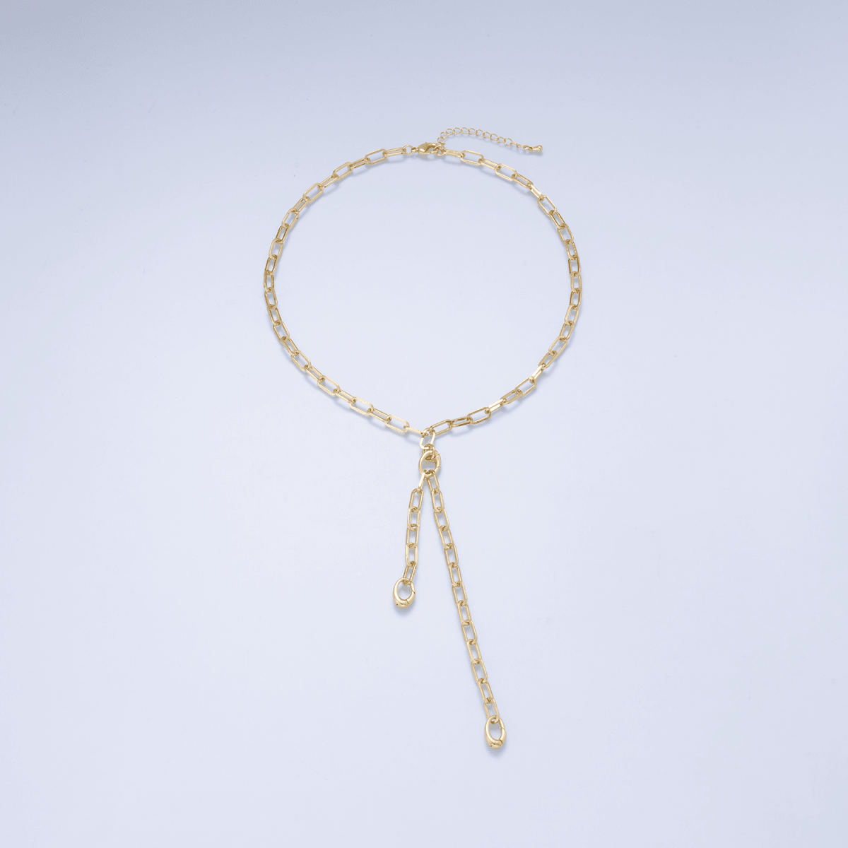 16K Gold Filled 5mm Minimalist Double Drop Lariat Paperclip Chain Push Gate Charm Holder 16 Inch Necklace | WA-00135 - DLUXCA