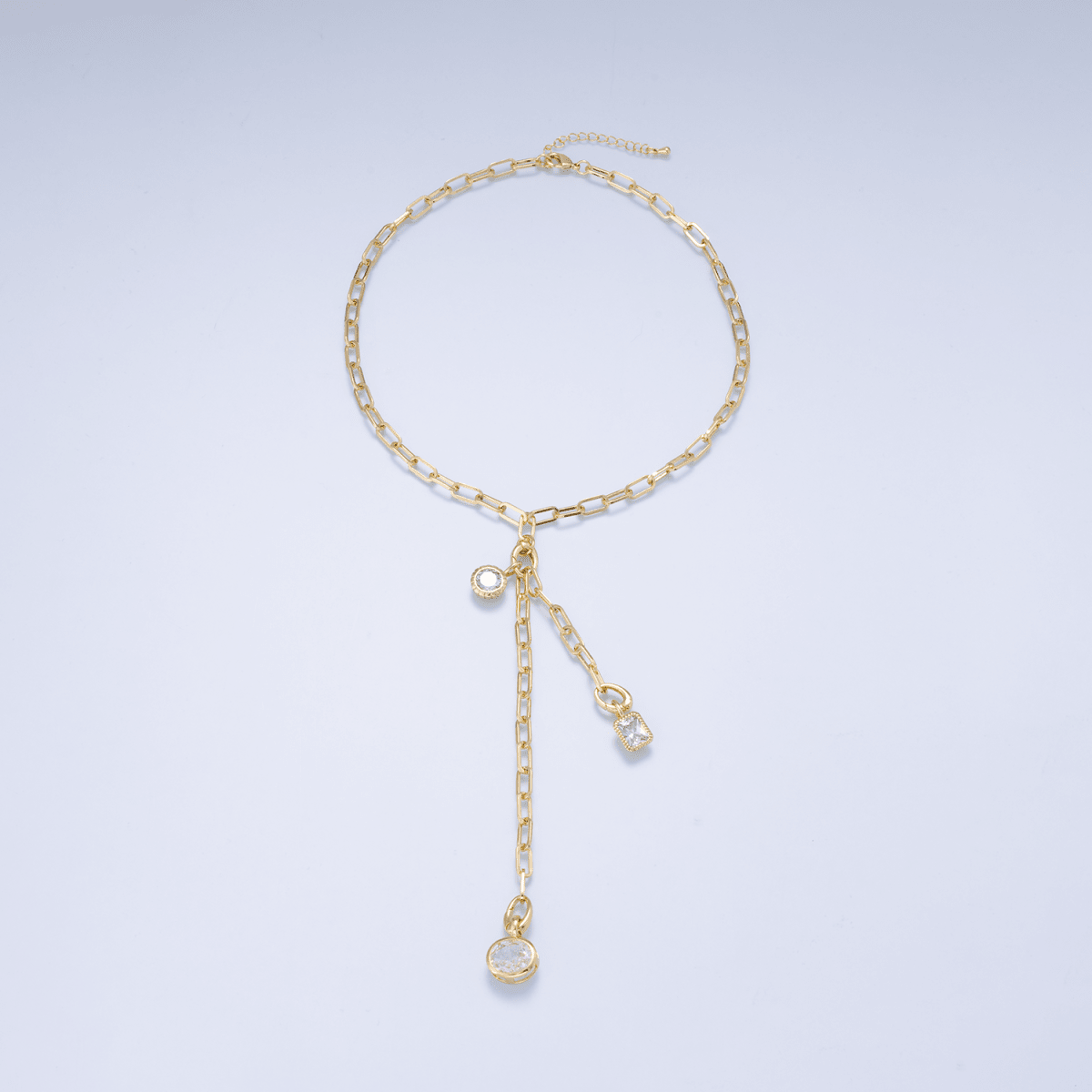 16K Gold Filled 5mm Minimalist Double Drop Lariat Paperclip Chain Push Gate Charm Holder 16 Inch Necklace | WA-00135 - DLUXCA