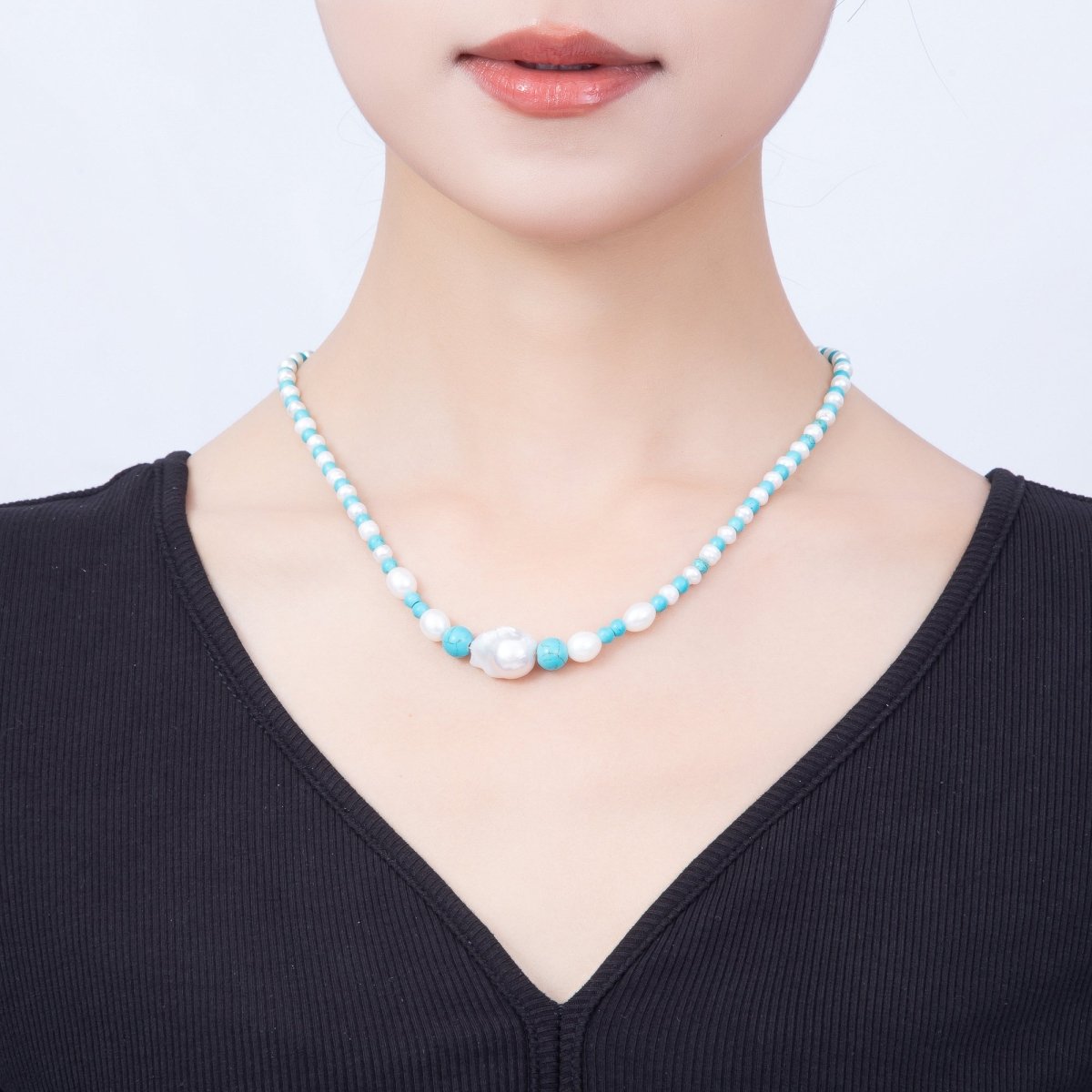 16K Gold Filled 5mm Shell Pearl Turquoise Round Gradient Gemstone Chain 18 Inch Necklace | WA-01508 - DLUXCA