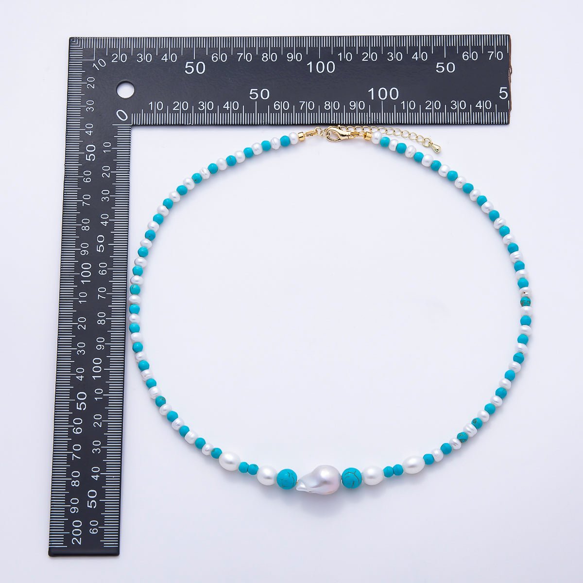16K Gold Filled 5mm Shell Pearl Turquoise Round Gradient Gemstone Chain 18 Inch Necklace | WA-01508 - DLUXCA