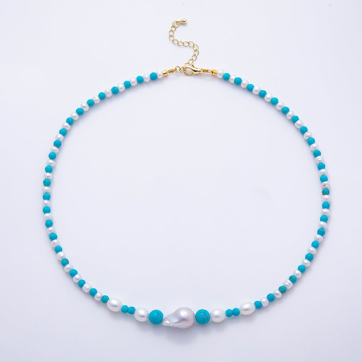 16K Gold Filled 5mm Shell Pearl Turquoise Round Gradient Gemstone Chain 18 Inch Necklace | WA-01508 - DLUXCA
