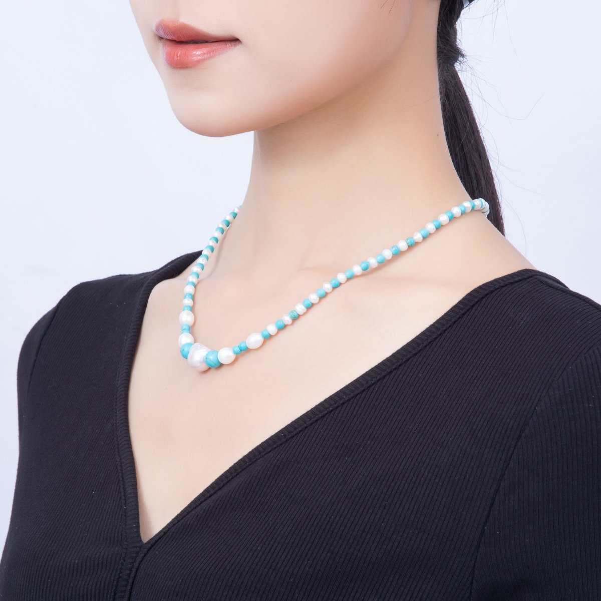 16K Gold Filled 5mm Shell Pearl Turquoise Round Gradient Gemstone Chain 18 Inch Necklace | WA-01508 - DLUXCA
