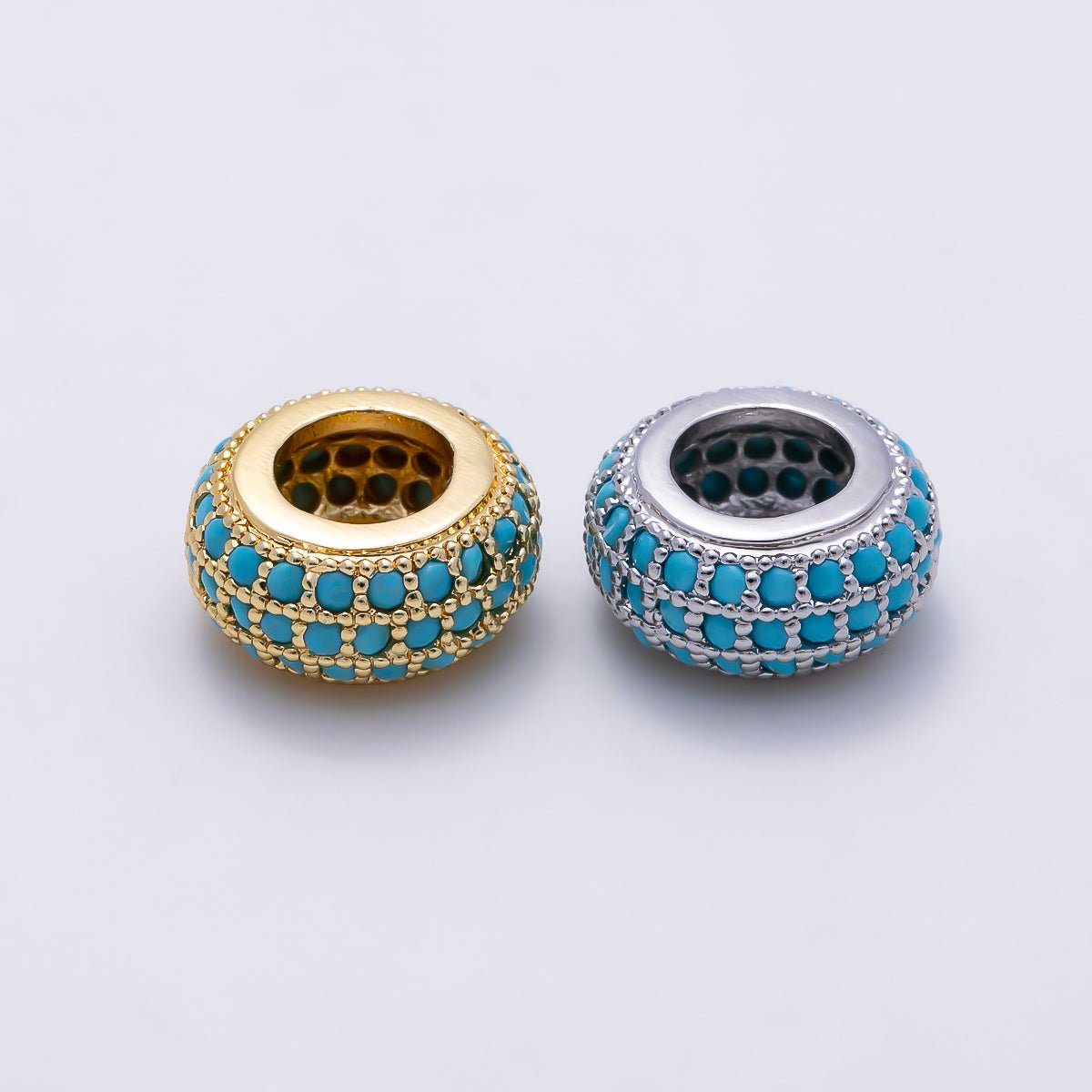 16K Gold Filled 5mm Turquoise Micro Paved Rondelle Bead in Gold & Silver | Beads-00518 Beads-00519 - DLUXCA