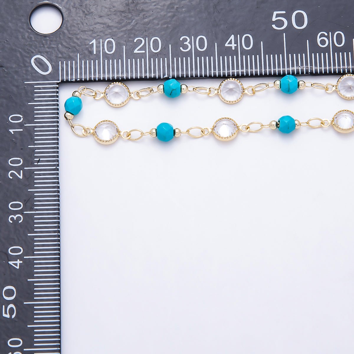 16K Gold Filled 5mm Turquoise Round Bead & Clear CZ Station Gemstone Unfinished Chain by Yard | Roll-01905 - DLUXCA