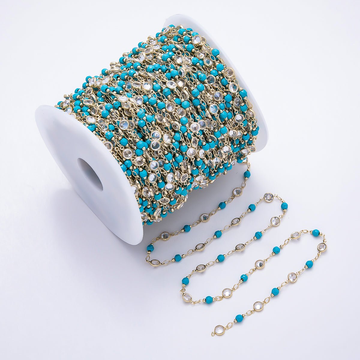 16K Gold Filled 5mm Turquoise Round Bead & Clear CZ Station Gemstone Unfinished Chain by Yard | Roll-01905 - DLUXCA
