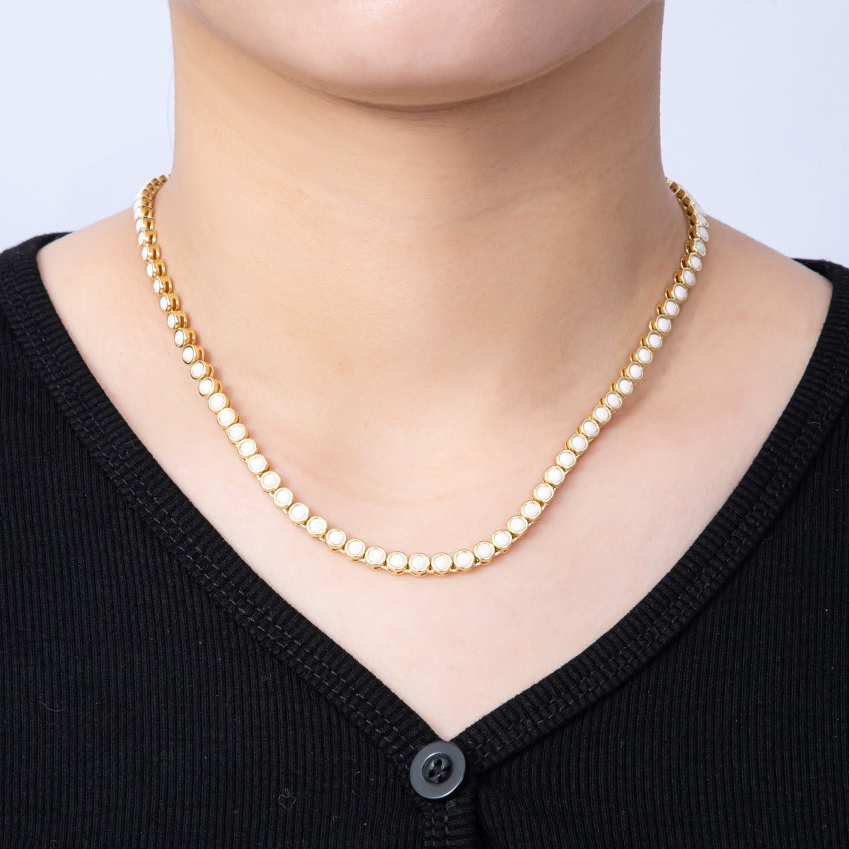 16K Gold Filled 5mm White Opal Round Bezel Tennis Chain 17 Inch Necklace | WA - 04211 - DLUXCA