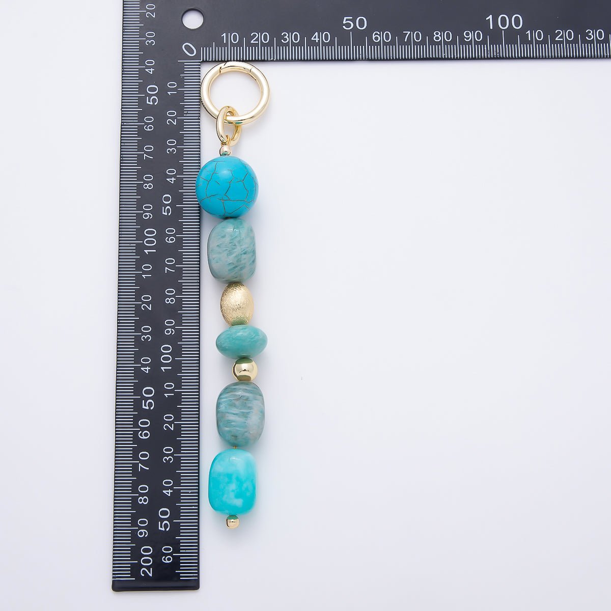 16K Gold Filled 6 Inch Blue Amazonite Turquoise Textured Bead Gemstone Bag Charm Keychain Push Gate | WB-00371 - DLUXCA