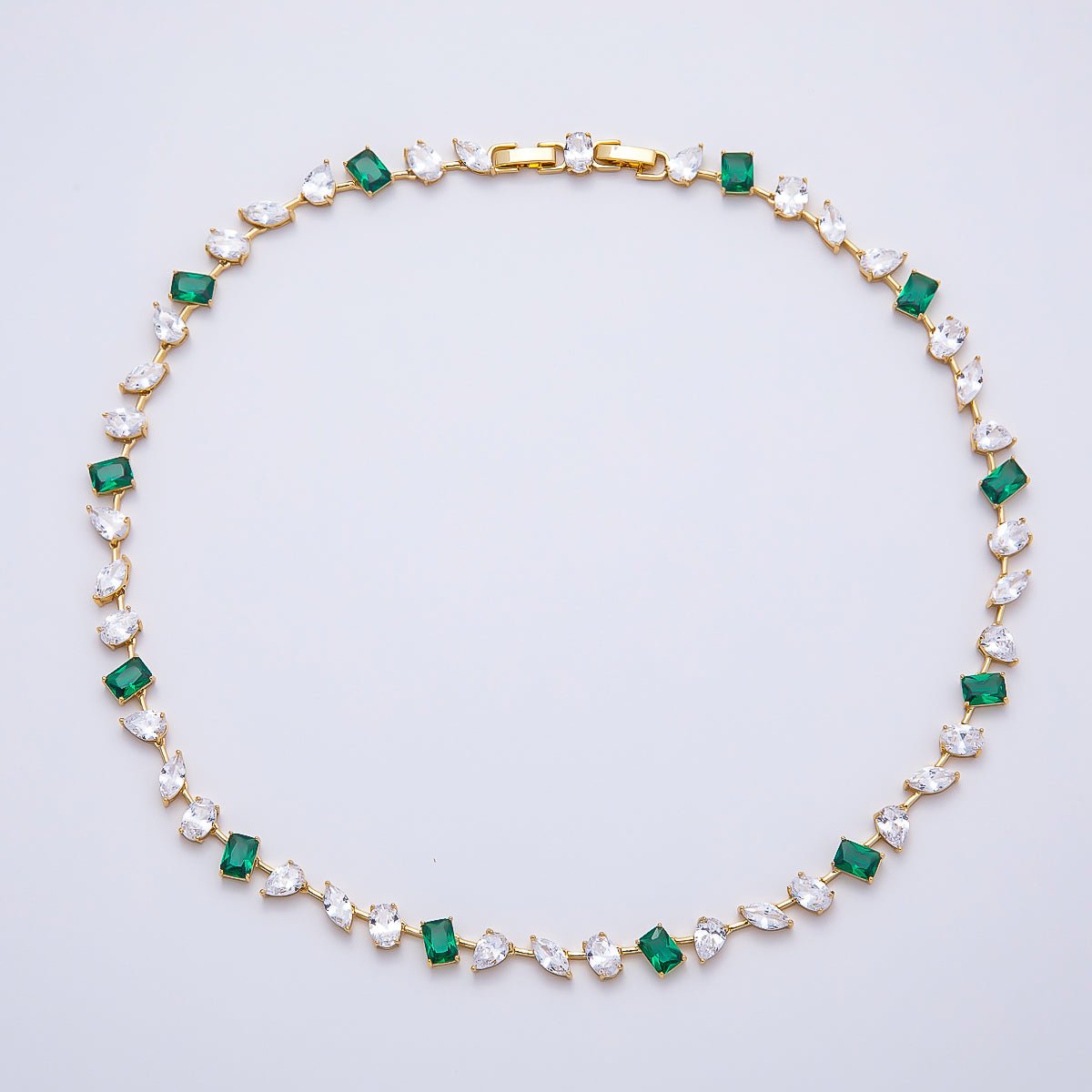 16K Gold Filled 6.5mm Green Baguette Clear Multi-Cut CZ Tennis Chain 17 Inch Adjustable Necklace | WA-04687 - DLUXCA