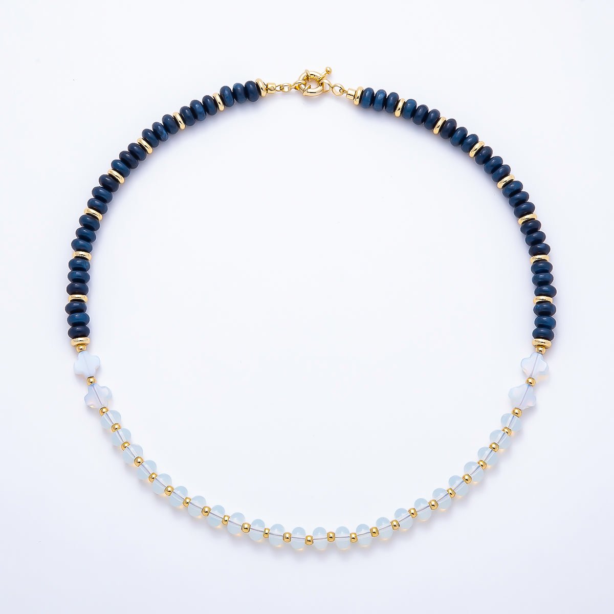 16K Gold Filled 6.5mm White Opal Blue Lapis Lazuli Half Rondelle Gemstone Chain 17 Inch Necklace w. Sailor Clasps | WA-01969 - DLUXCA