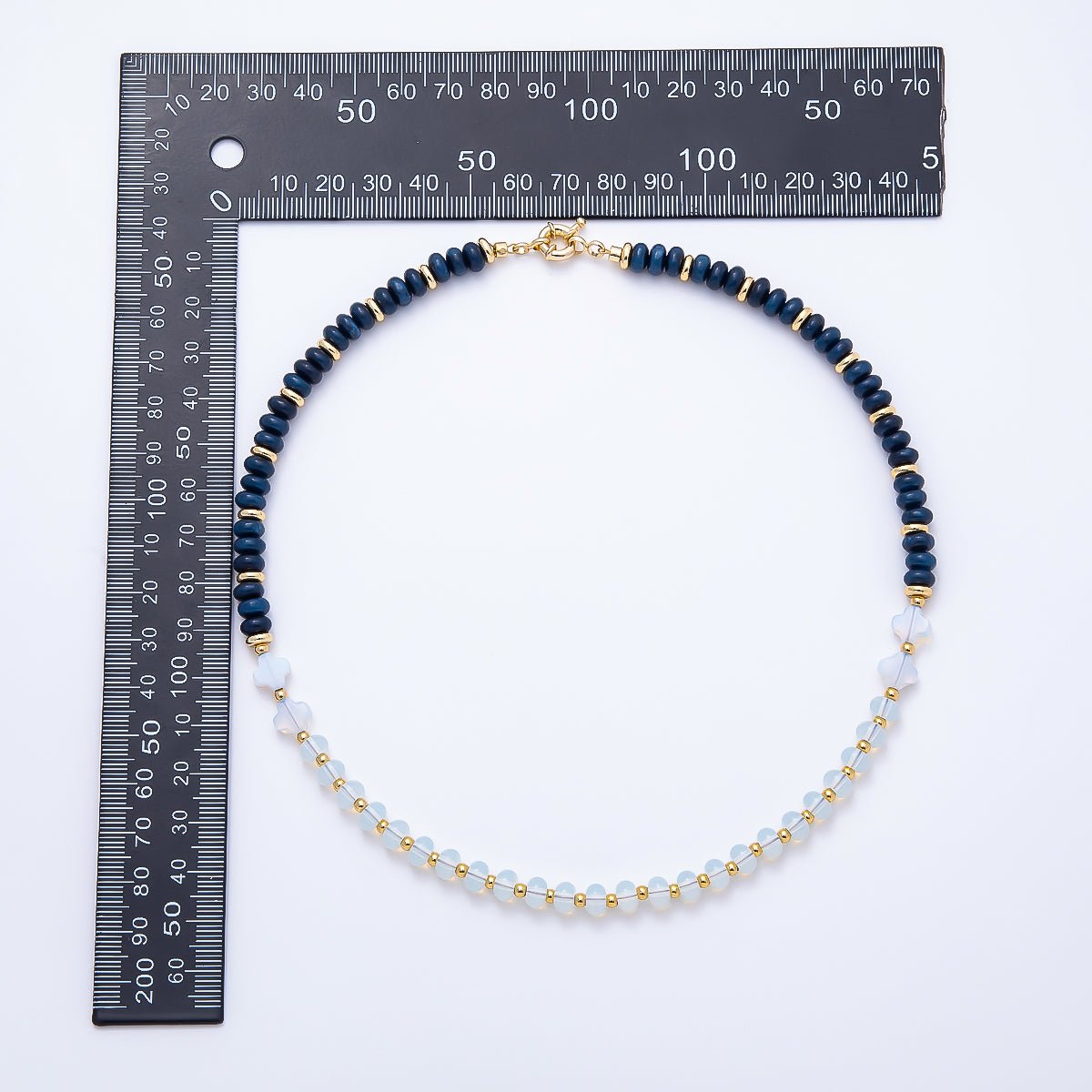 16K Gold Filled 6.5mm White Opal Blue Lapis Lazuli Half Rondelle Gemstone Chain 17 Inch Necklace w. Sailor Clasps | WA-01969 - DLUXCA