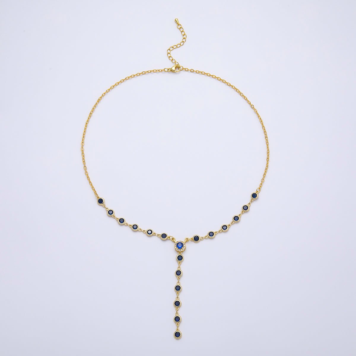 16K Gold Filled 6mm Blue Round Bezel Micro Paved CZ Lariat Cable Chain 17 Inch Necklace | WA-04721 - DLUXCA
