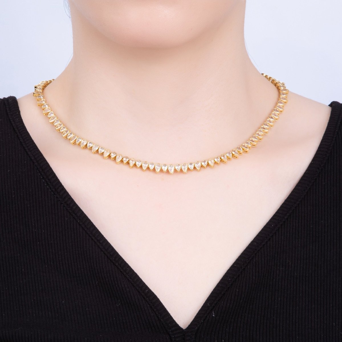 16K Gold Filled 6mm Clear CZ Teardrop Tennis Chain 16 Inch Adjustable Necklace | WA - 04243 - DLUXCA