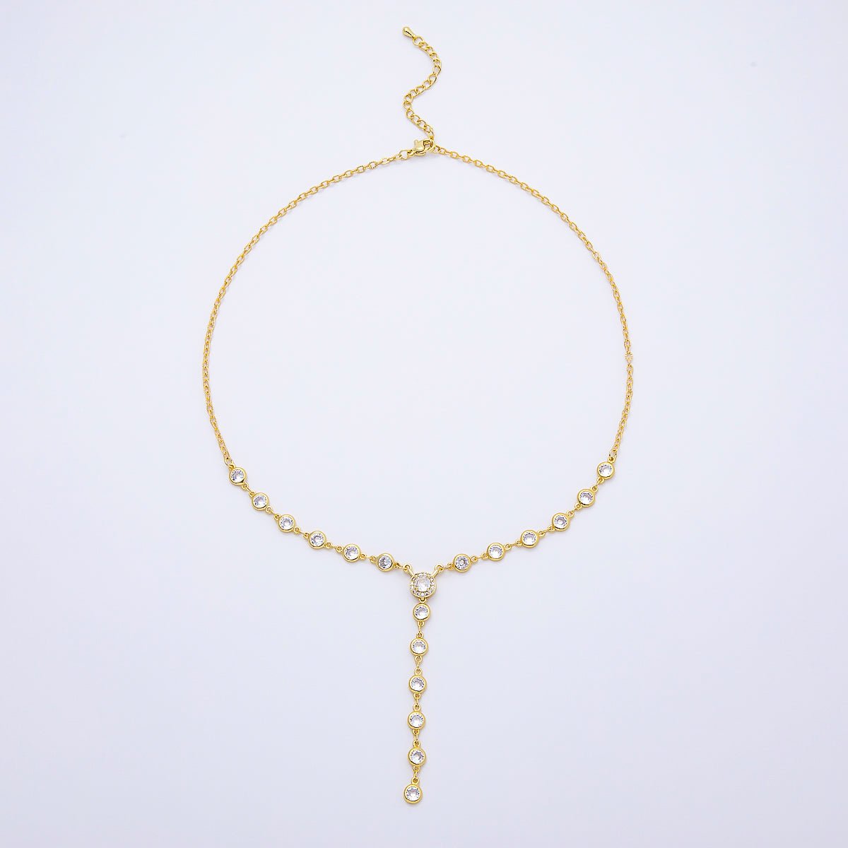 16K Gold Filled 6mm Clear Round Bezel Micro Paved CZ Lariat Cable Chain 17 Inch Necklace | WA-04723 - DLUXCA