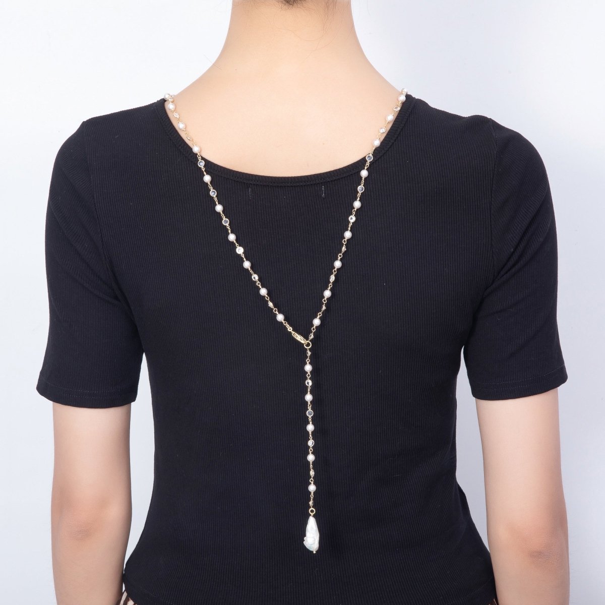 16K Gold Filled 6mm Clear Round CZ White Shell Baroque Pearl Lariat Gemstone 34 Inch Necklace | WA-00210 - DLUXCA