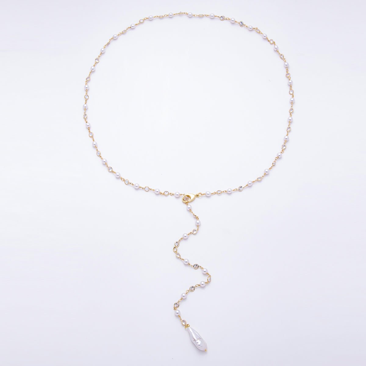 16K Gold Filled 6mm Clear Round CZ White Shell Baroque Pearl Lariat Gemstone 34 Inch Necklace | WA-00210 - DLUXCA